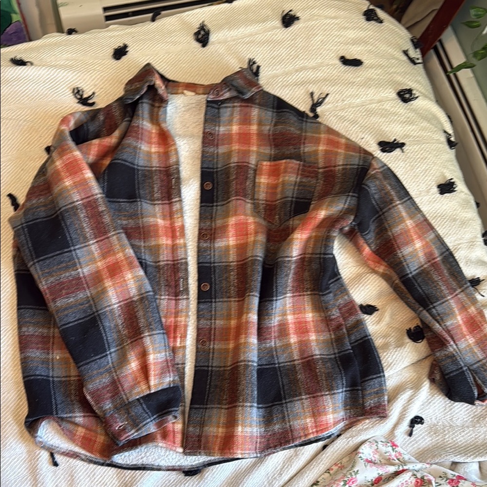 Brown and Orange Utility Jacket with Plaid Design